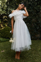 May Rose Off-Shoulder Tulle Midi Dress Off White