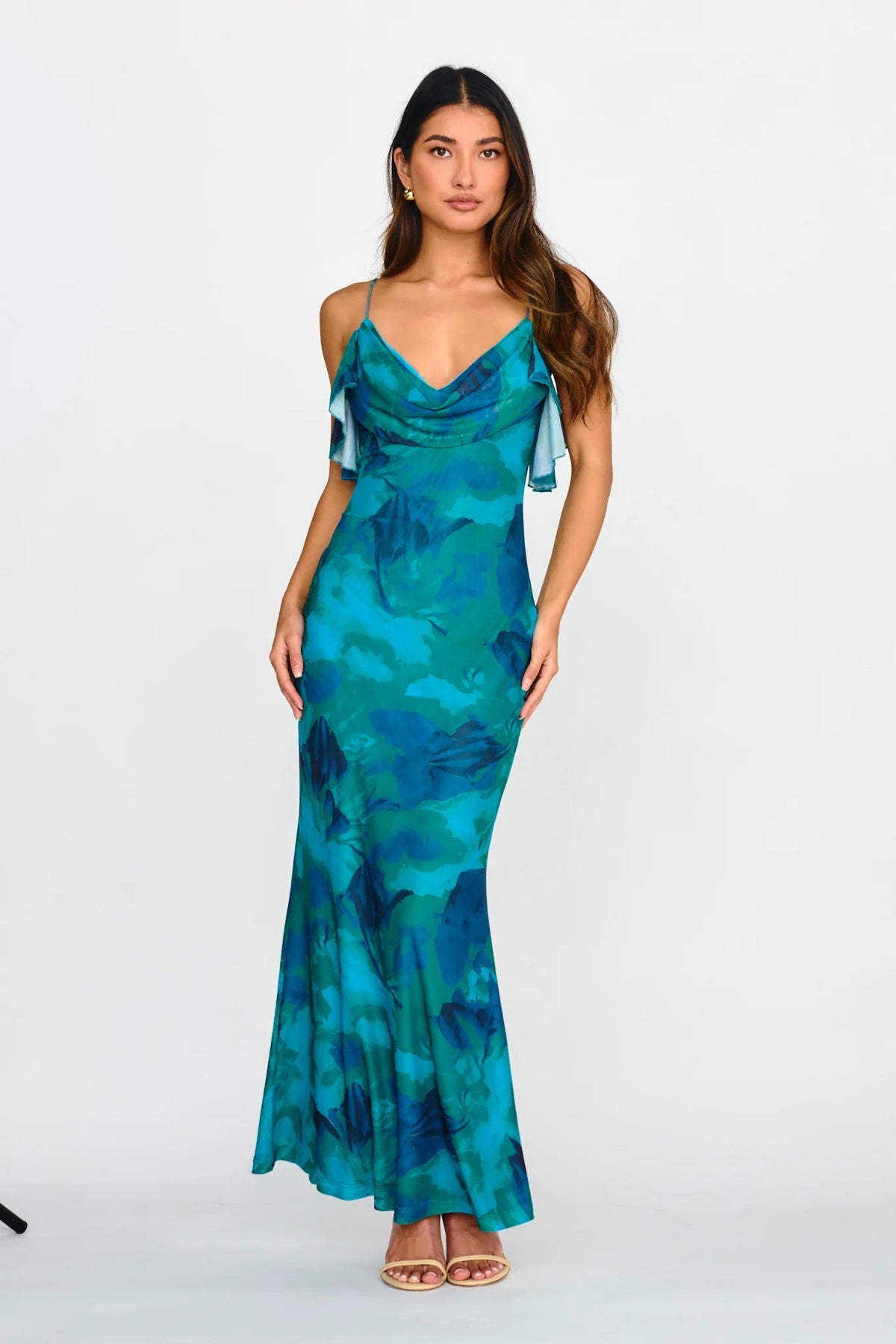 Jannie Draped Neckline Cami Dress Abstract Green