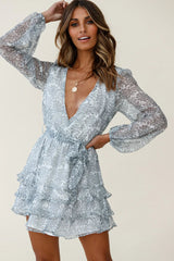 Starlight Balloon Sleeve Layered Frill Dress Floral Print White