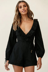 Tegan Long Sleeve Ruffle Neckline Romper Black
