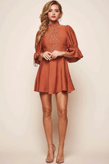 Martha High Neck Babydoll Dress Rust