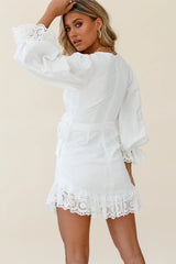 Terroni Lantern Sleeve Frill Hem Dress White