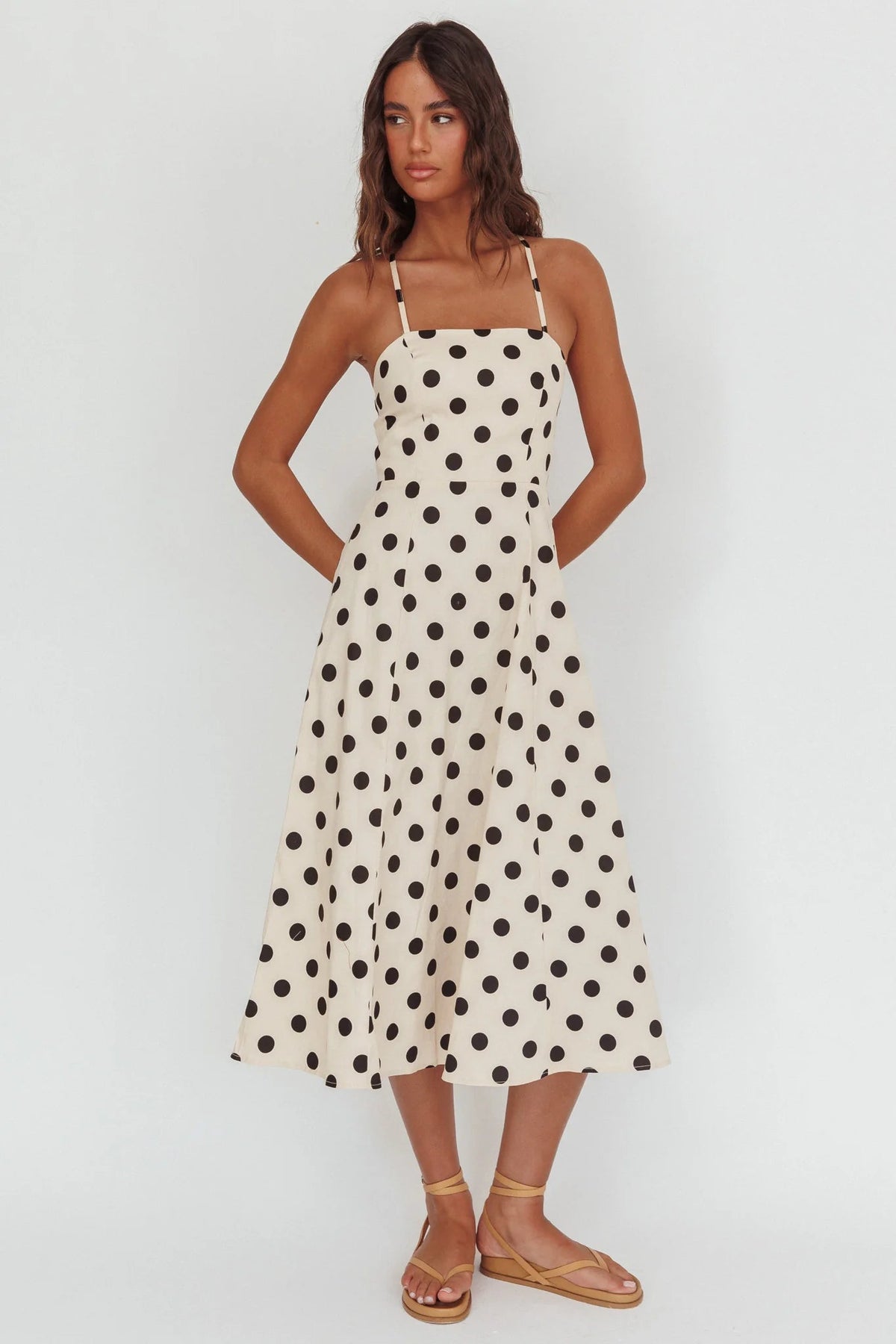 Second Glance Olga Criss-Cross Back Midi Dress Polka Dot Beige