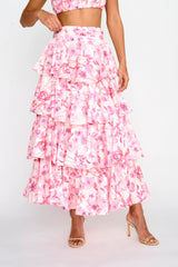 Suenito Tiered Frill Maxi Skirt Floral Pink