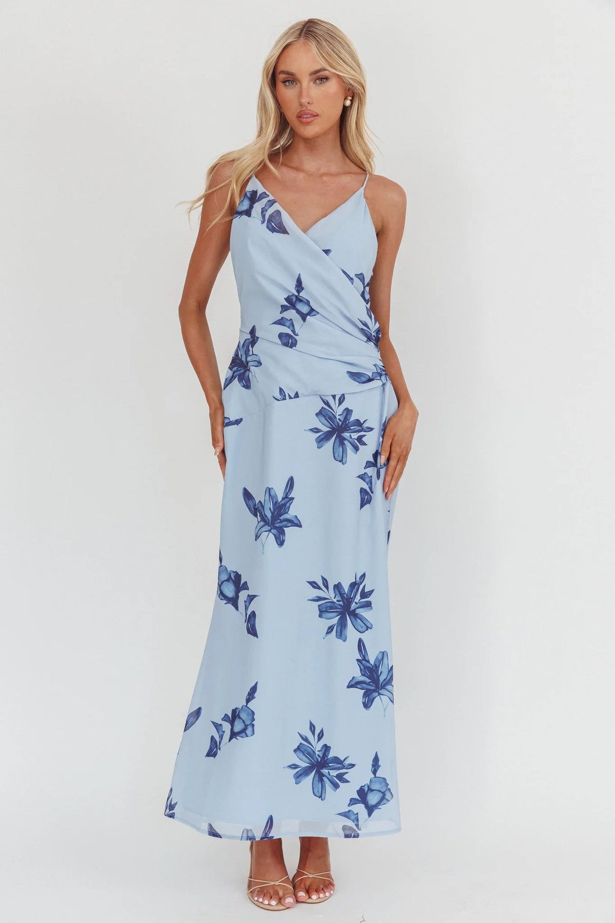 Lexxi Crossover Gathered Waist Maxi Dress Floral Blue