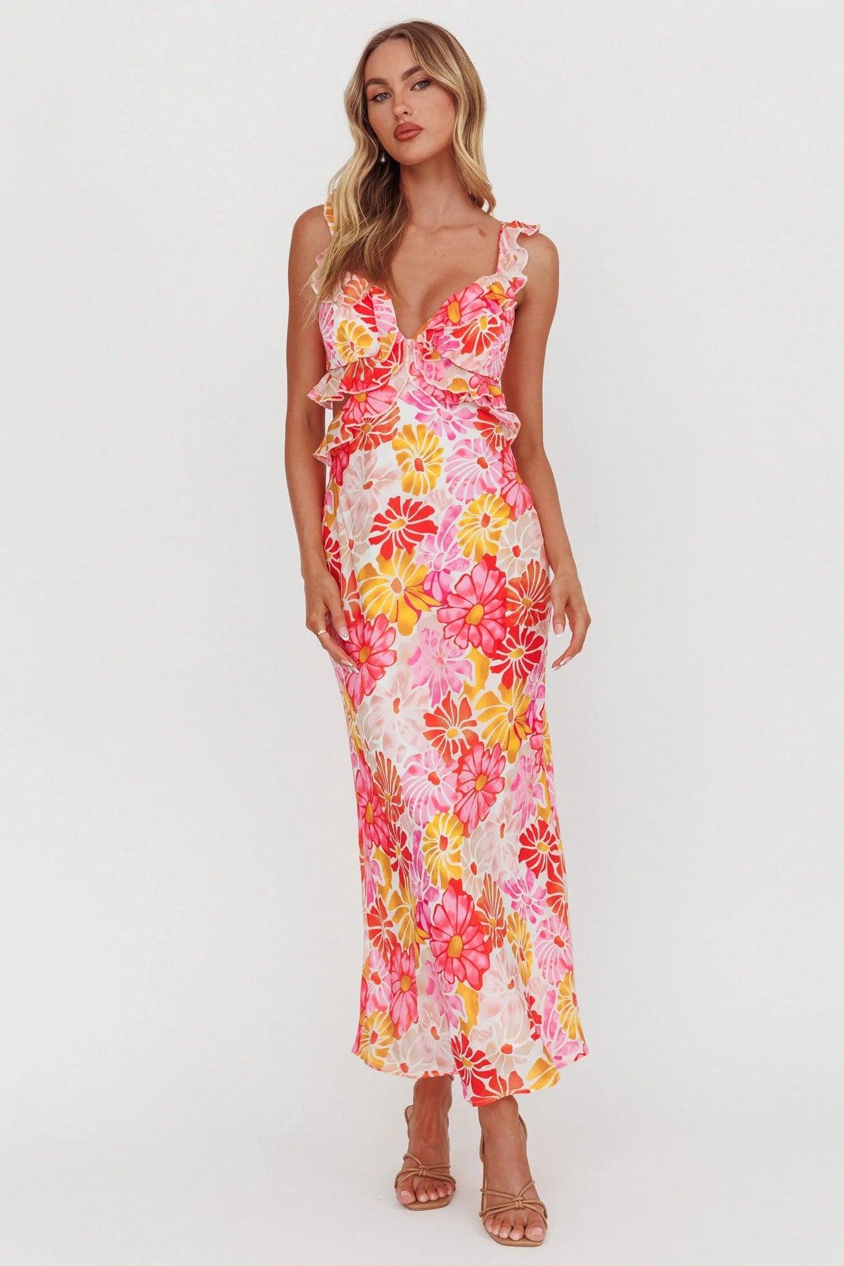 Second Chances Ruffle Trim Maxi Dress Flower Pink