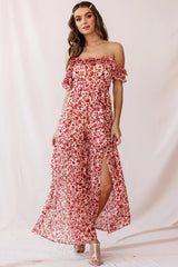 Jazz Bardot Neckline Wide Leg Split Jumpsuit Red