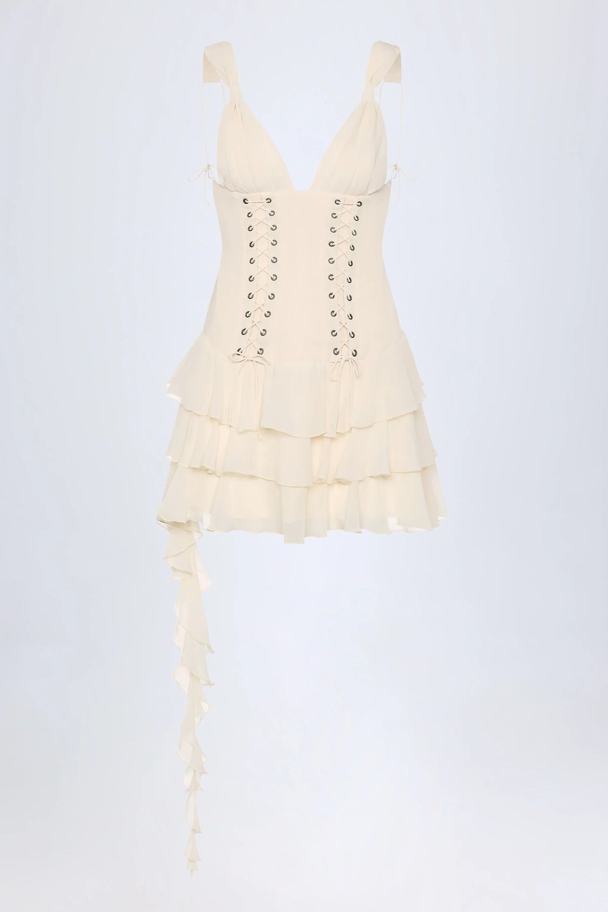 Lace-Up Ruffled Tiered Mini Dress in Ivory