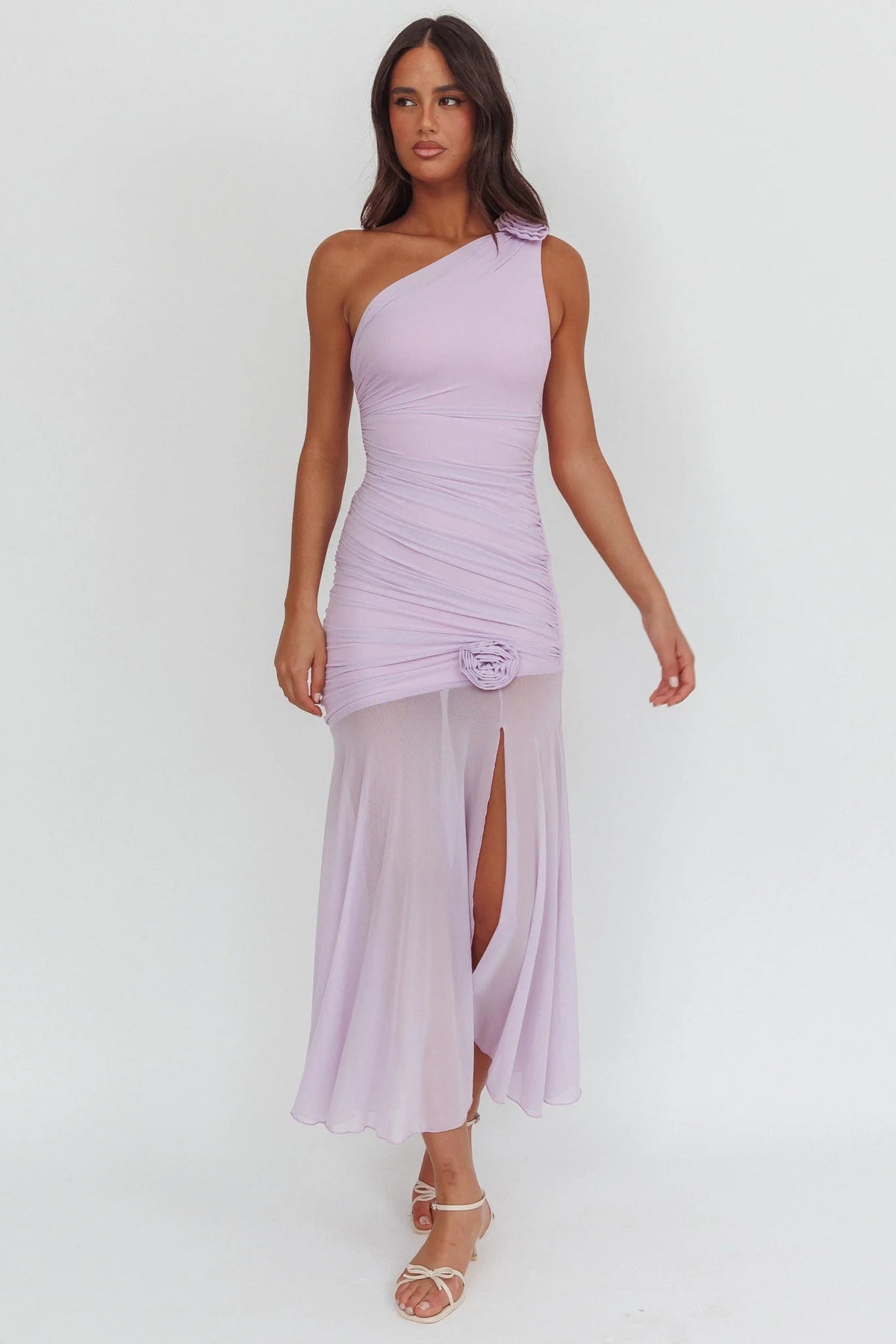 Lost Love One-Shoulder Sheer Hem Maxi Dress Lilac