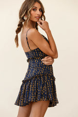 Take A Picture Molded Bust Fluted Hem Dress Floral Print Navy