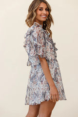 Zora Button Bodice Fluted Sleeve Dress Paisley Print Navy
