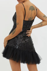 Sassafras Tulle Hem Sequin Mini Dress Black