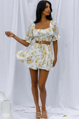 Lilibet Puff Sleeve Drawstring Crop Top Floral White