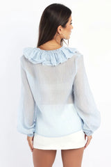Blue Poet's Top V Neck Long Sleeve Frilled