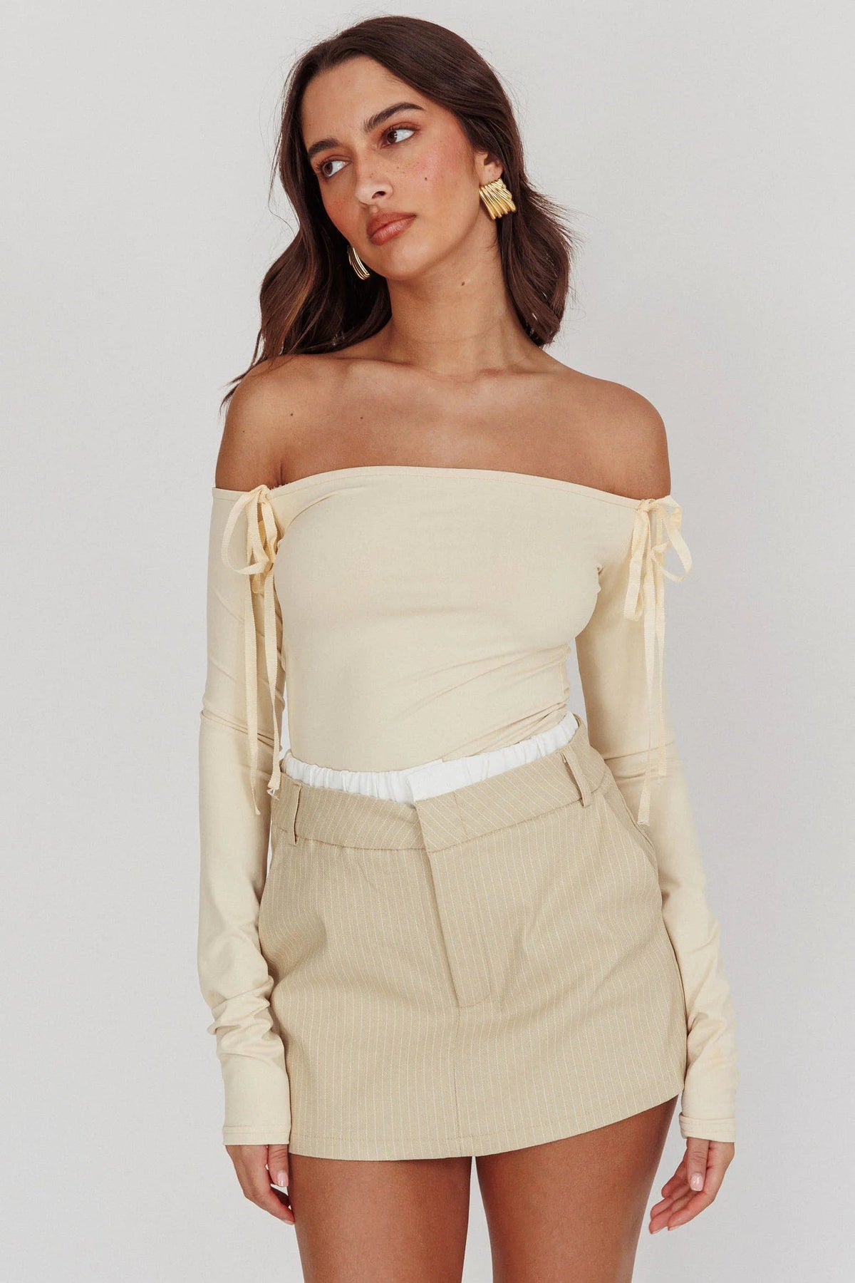 Rhian Pinstripe Double Waistband Skort Beige White