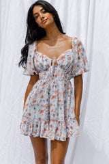 Vista Del Mar Tied Bust Mini Dress Floral Steel Blue