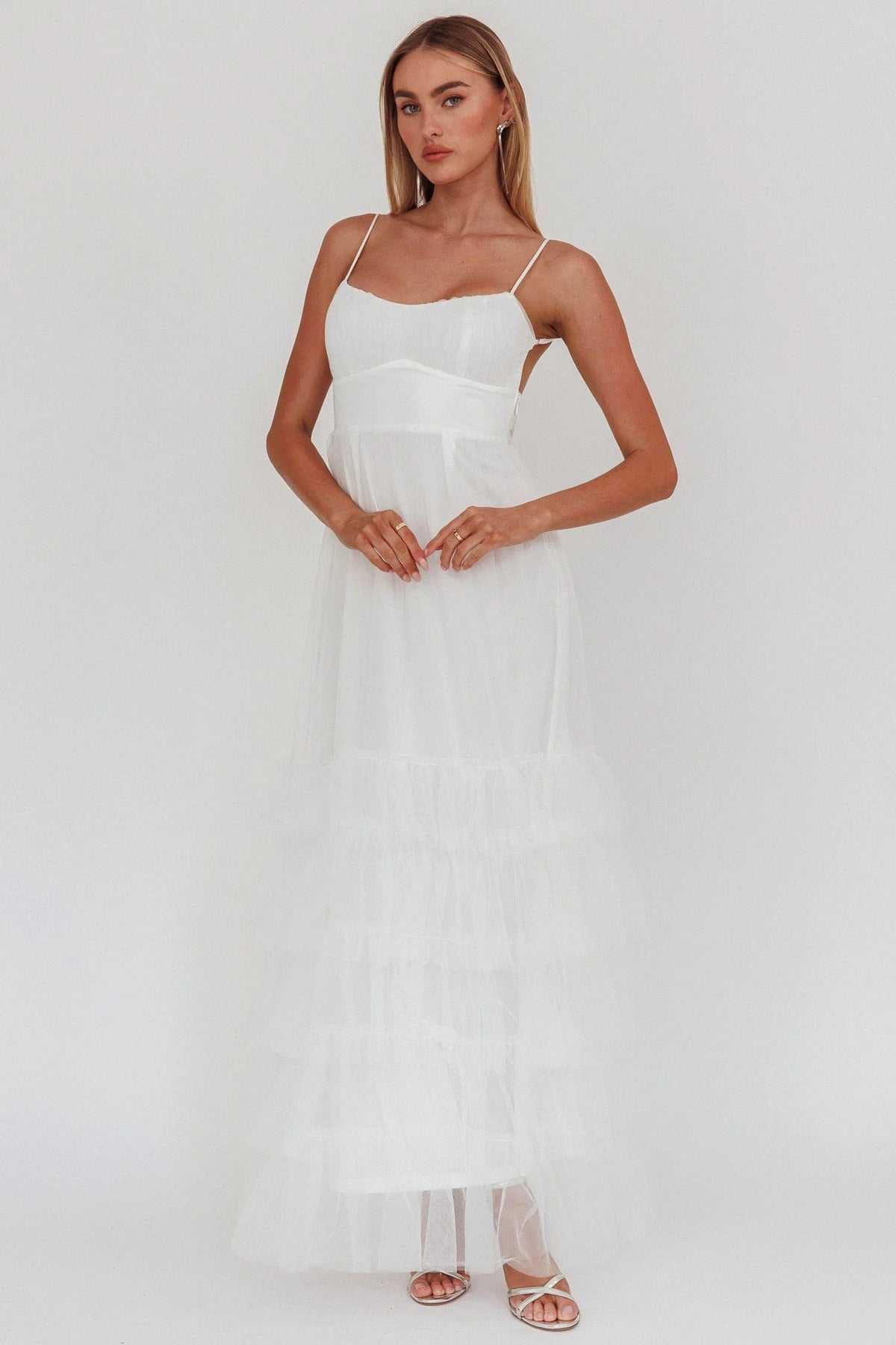 Nerida Twist Back Frill Trim Mesh Maxi Dress White