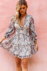 Laney Cutout Back Ruffle Trim Dress Paisley Print Navy