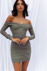 Moonrise Off-Shoulder Crossover Neckline Long Sleeve Ruched Dress Olive