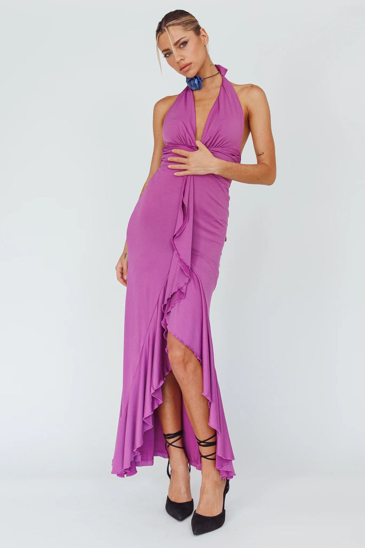 Zaphirah Halterneck Ruffle Dress Magenta