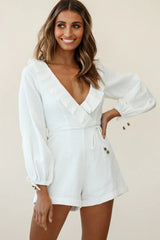 Tegan Long Sleeve Ruffle Neckline Romper White