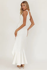 Lights On One-Shoulder Split Ruffle Hem Maxi Dress White