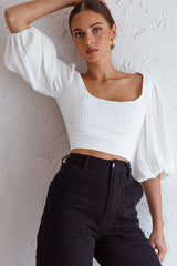 Love Like This Balloon Sleeve Open Back Crop Top Textured White