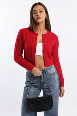 Red Knit Cardigan Long Sleeve Crew Neck