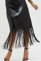Halo Moon Sequin Fringe Midi Dress Black