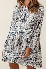 Mina Long Sleeve Button Back Shift Dress Ornate Print Navy