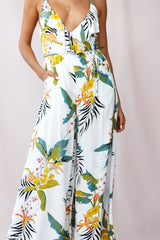 Melita Ruffle V-Neckline Jumpsuit Tropical Print White