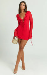 Alesya Mini Dress Ruffle Plunge Neck Long Sleeve Tie Detail Dress in Red