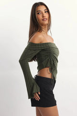 Green Off Shoulder Top Long Sleeve Ruched