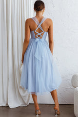 Surreal Lace-Up Back Tulle Midi Dress Blue