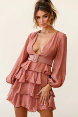 Queensland Balloon Sleeve Tiered Frill Belt Dress Rose